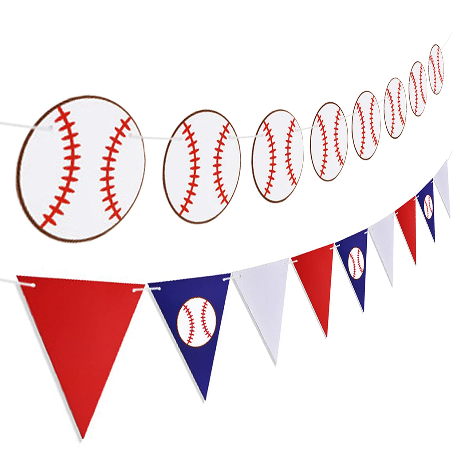 2PCS Baseball Party Paper Banner - Sports/Baseball Themed First Birthday Baby Shower Party Decorations Supplies Favors Wall Home Decor Photo Prop Paper Triangle Bunting Flag Banner Garland