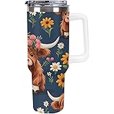 40oz Insulated Stainless Steel Tumbler with Handle, Cute Flower Scottish Highland Cow Leakproof Water Bottles Travel Mug with Lid And Straw for Water, Iced Tea Or Coffee for Most Car Cup Holder