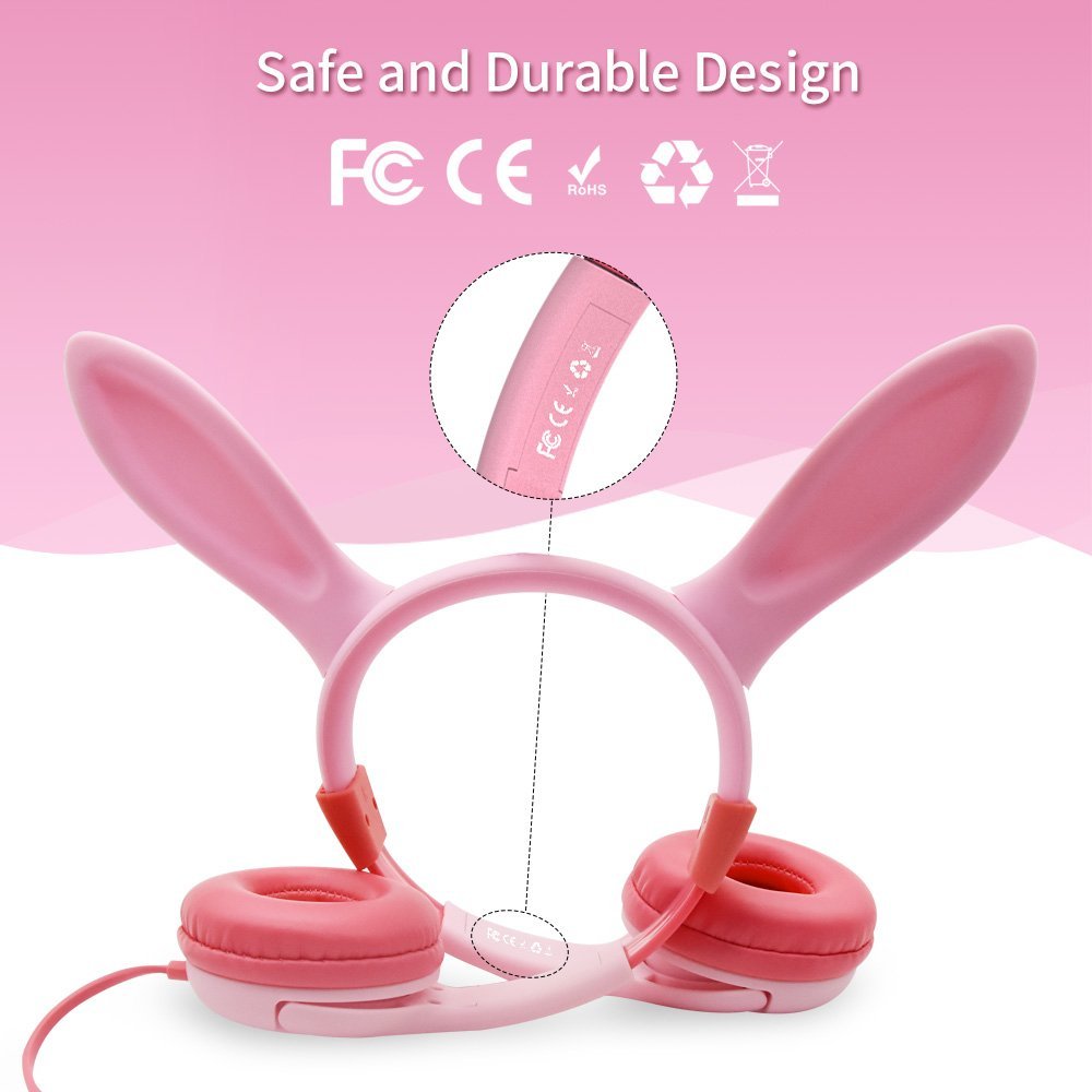 Kids Headphones, Lobkin Bunny Ear Wired On-Ear Earphones,Bluetooth Headsets Kids Friendly Safe Food Grade Material,Children Volume Limited Headphones -Pink