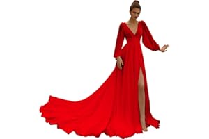 Huaxiafan Beach Long Sleeve Wedding Dresses for Bride V Neck Empire Waist Slit A Line Chiffon Bridal Gown with Train