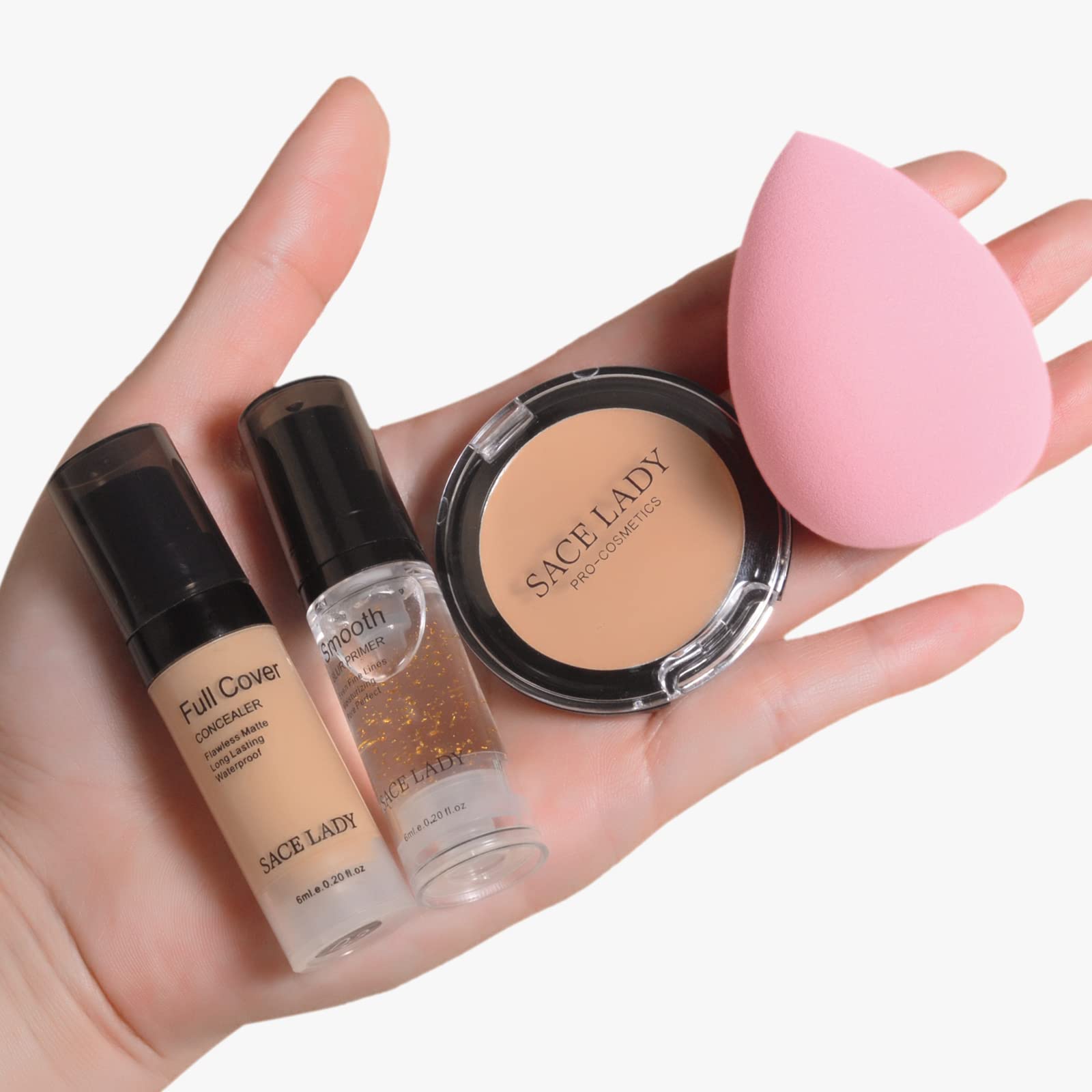 SACE LADY Waterproof Full Coverage Concealer Makeup Kit with Primer Sponge - Matte Liquid Foundation for Face, Eye, and Acne Scar Cover