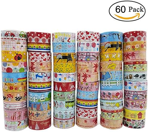 SINYUM 60 Rolls Washi Masking Tape, Decorative Masking Tape Collection, Colorful Tape Decorate for DIY Crafts, Festival Wrapping ,Office Party Supplies