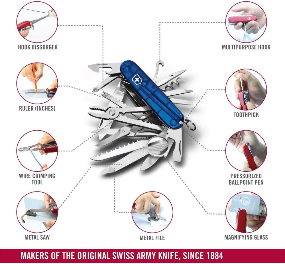 Victorinox Swiss Champ Swiss Army Knife, Medium, Multi Tool, 33 Functions, Blade, Scissors, Blue Transparent - Image 5