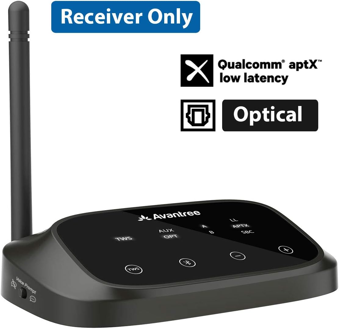 Avantree RC500 Long Range Bluetooth Receiver for Home Stereo and Old AV Receiver, aptX Low Latency, with Optical Supported, Easy Pair with Voice Prompt, Wireless Audio Adapter for Vintage Speakers