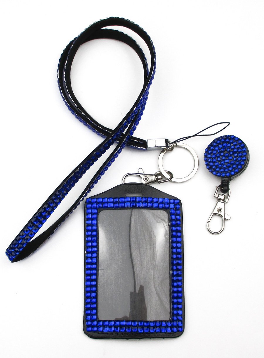 ALL in ONE Rhinestone Lanyard Bling Crystal Necklace + Badge Reel + Card Holder for Business Id/key (ROYAL BLUE)