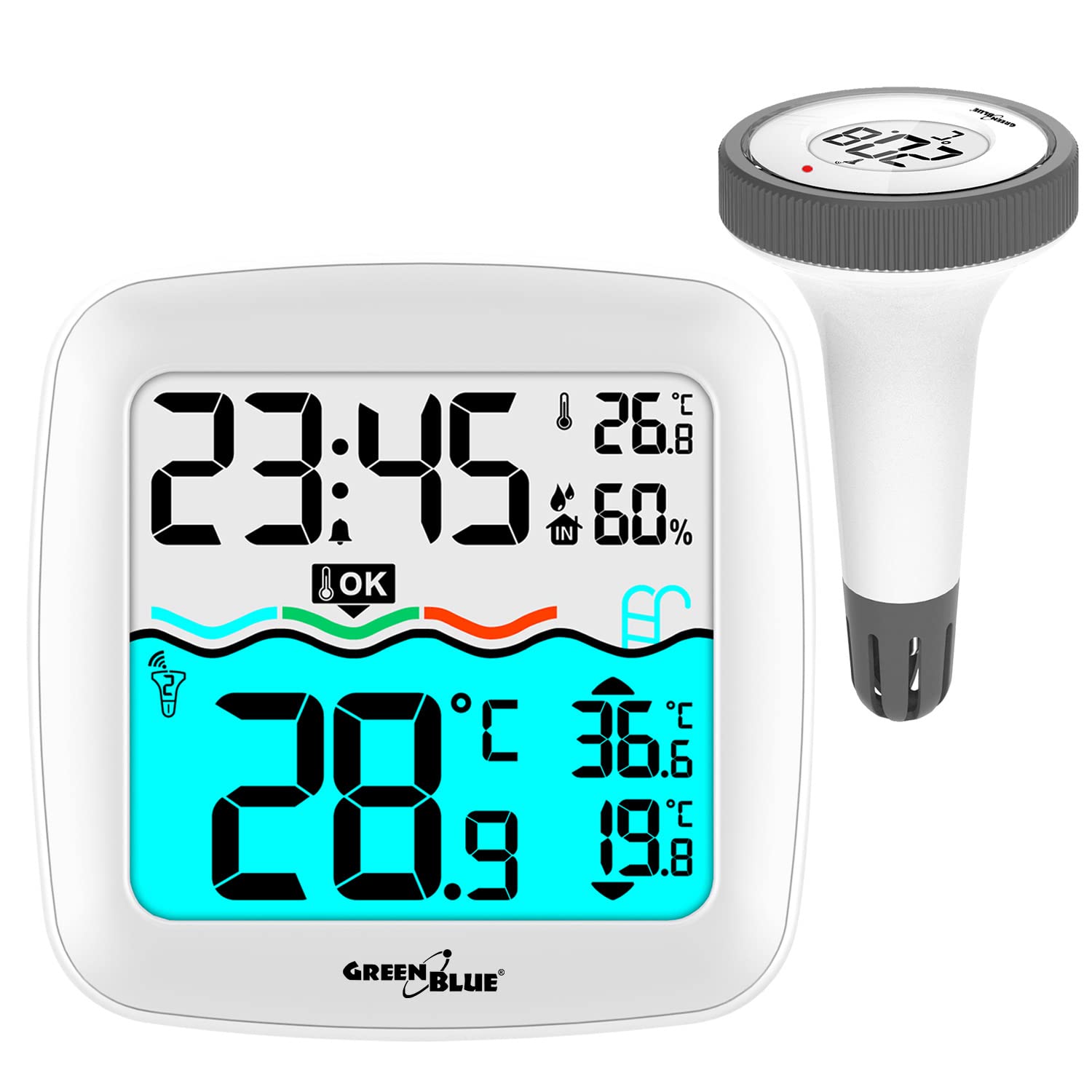 GreenBlue GB216 Pool Thermometer with Wireless Weather Station 60m Range Floating Sensor Temperature Time Calendar DCF