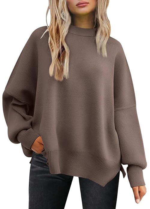 LILLUSORY Women's Oversized Batwing Sweaters 2025 Fall Outfits Trendy Crewneck Knit Side Slit Fashion Pullover Tops Nutmeg M