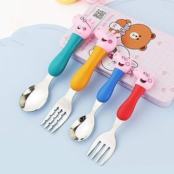 ANG Peppa Pig Theme Stainless Steel Baby Feed Spoon and Fork Cutlery Set for Kids (Multicolour)
