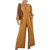 CHICME Womens Elegant Long Puff Sleeve Jumpsuit Deep V Neck Tie Waist Casual Wide Leg Pants Romper with Pockets