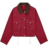WOWULOVELY Womens Cropped Jacket Contrast Collar Utility Coat Button Down Lightweight Cargo Jacket Barn Jacket Outwear