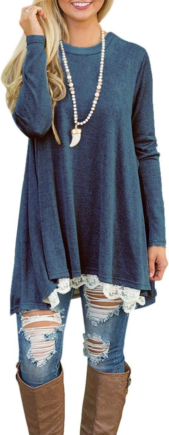 Womens Lace Casual Long Sleeve Tunic Tops Loose Blouse T Shirt