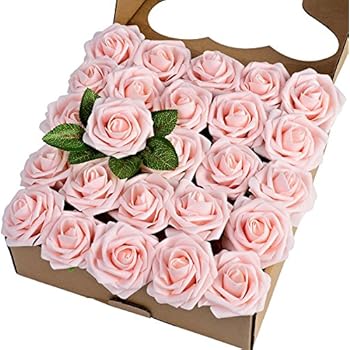 Breeze Talk Artificial Flowers Blush Roses 25pcs Realistic Fake Roses w/Stem for DIY Wedding Bouquets Centerpieces Arrangements Party Baby Shower Home Decorations (25pcs Blush)