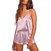 Ekouaer Silk Pajamas for Women Satin Cami Pjs Set V Neck Camisole Shorts Set Adjustable Strap Sleepwear