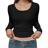 KIGRAD Women Coquette Lace Trim Scoop Neck Pointelle Long Sleeve Crop Tops Y2k Preppy Slim Fit Fall Cropped Tee Shirts