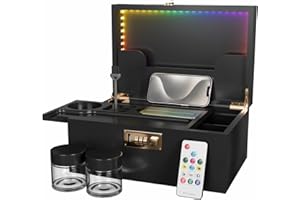 Usoway Bamboo Storage Box With Colored LED Lights - 358 Kinds Cool Light Effects, Premium Decorative Wooden Box With Combination Lock, Storage Box Set With Sliding Tray and Accessories (Black)