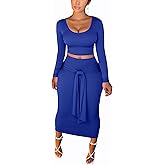 FANDEE Skirt Sets Women 2 Piece Outfits Plus Size Midi Dresses For Curvy Women, Long Sleeves Top & Bodycon Skirts Casual Fall