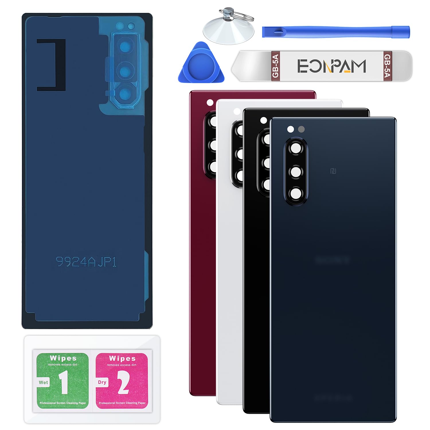 Eonpam Back Cover Glass for Sony Xperia 5 Rear Glass Replacement with Camera Lens + Repair Kit Rear Housing (Blue)