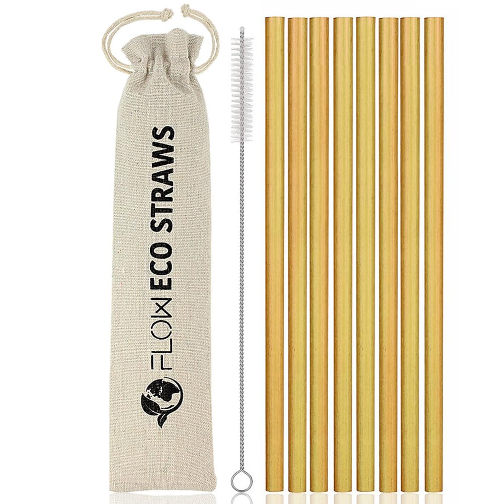 FLOW Barware Reusable Bamboo Drinking Straws | Set of 8 Biodegradable Straws | Eco Friendly Straws with Storage Bag & Brush | 100% Organic & Natural Bamboo Straws