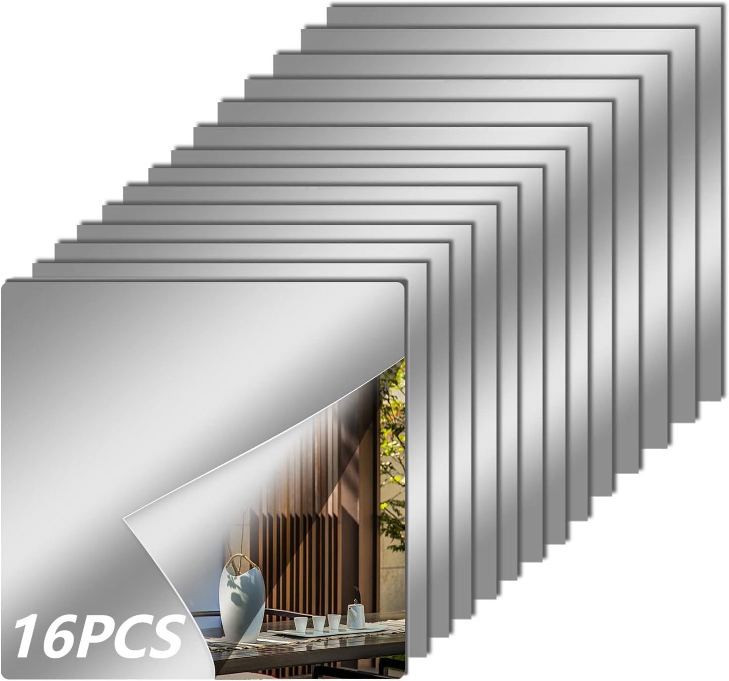 Photo 1 of 16 Pcs Flexible Mirror Reflective Stickers?Non Glass Safety Reflective Mirror, 12 x 12 in Self Adhesive Square Cuttable Acrylic Film Mirror for DIY Craft Home Wall Decoration