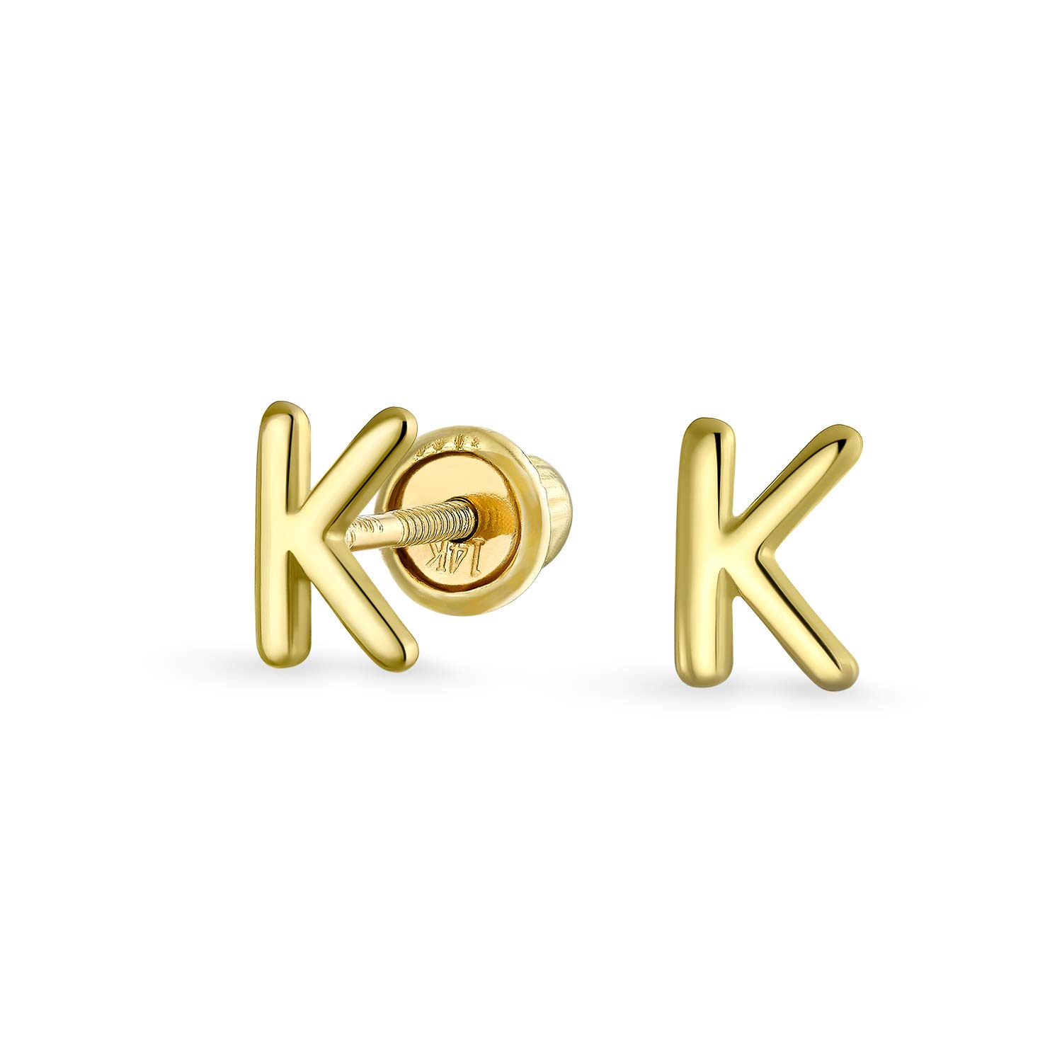 ABC Minimalist Real Yellow 14K Gold Capital Block Alphabet Letter Initial K Stud Earrings Safety Ball Screw Back For Teen For Women