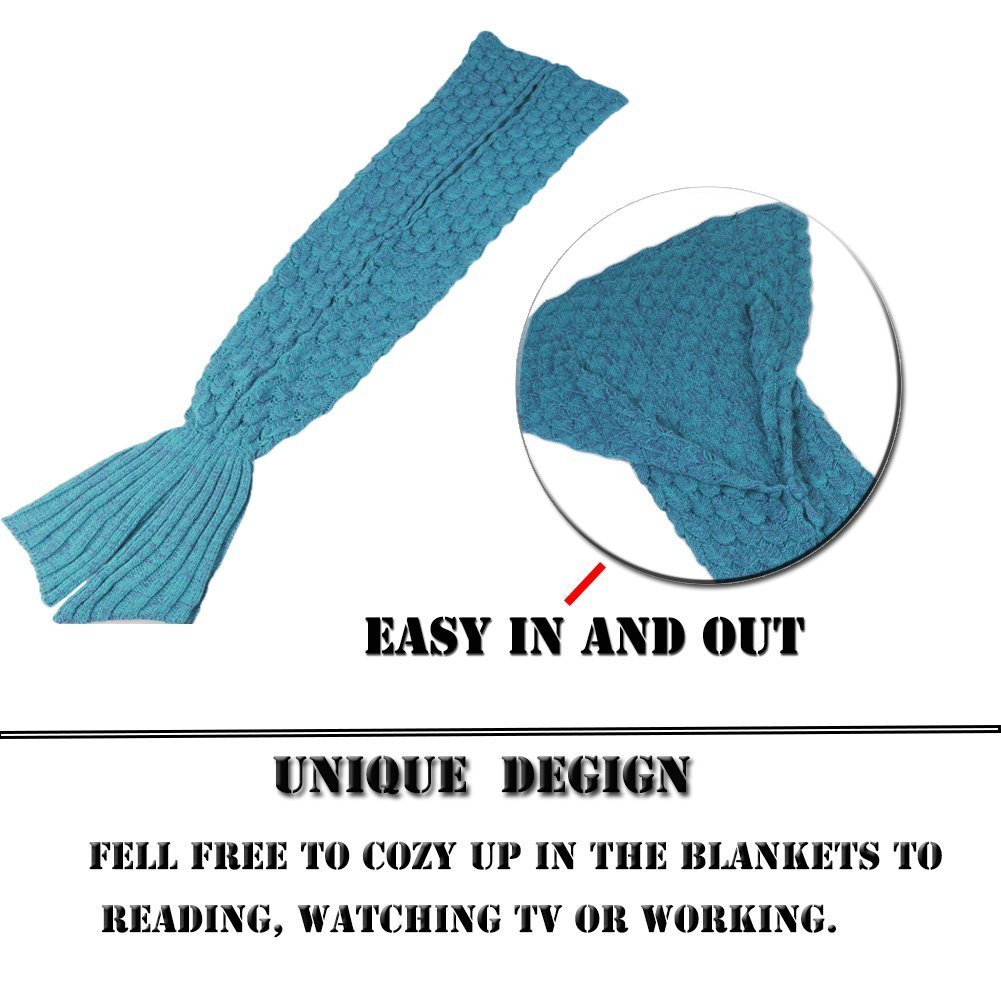 Feiuruhf Knitted Mermaid Tail Blanket for Adults Teens, Kids Crochet Snuggle Mermaid, All Seasons Sleeping Blanket (Blue)