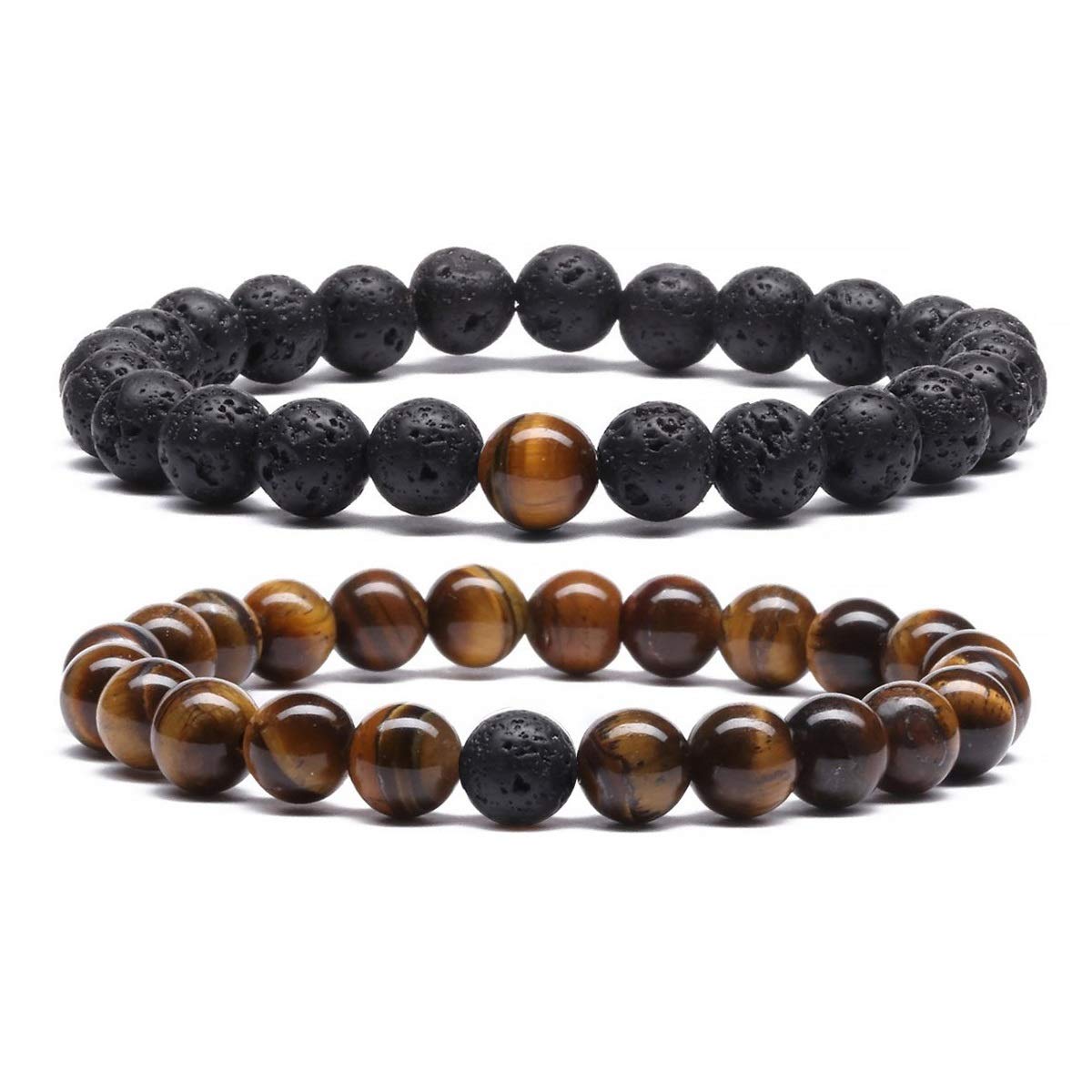 MengPa Mens Lava Rock Bracelet for Women Aromatherapy Anxiety Essential Oil Volcanic Stone Bead Bangle (Elastic-Black Lava&Tiger eye)UK4163F — image 1