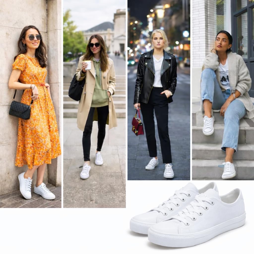 hello basics White Canvas Shoes for Women Casual Low Top Sneakers Fashion Womens Tennis Shoes, White, Size 9