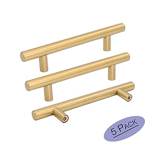 Brushend Brass Cabinet Pulls Kitchen Hardware 5 Pack - Goldenwarm 4in Hole Centers Gold Drawer Handles Brass Cabinet Door Handles Bathroom Bar Drawer Pulls 6-2/5Inch Overall Length