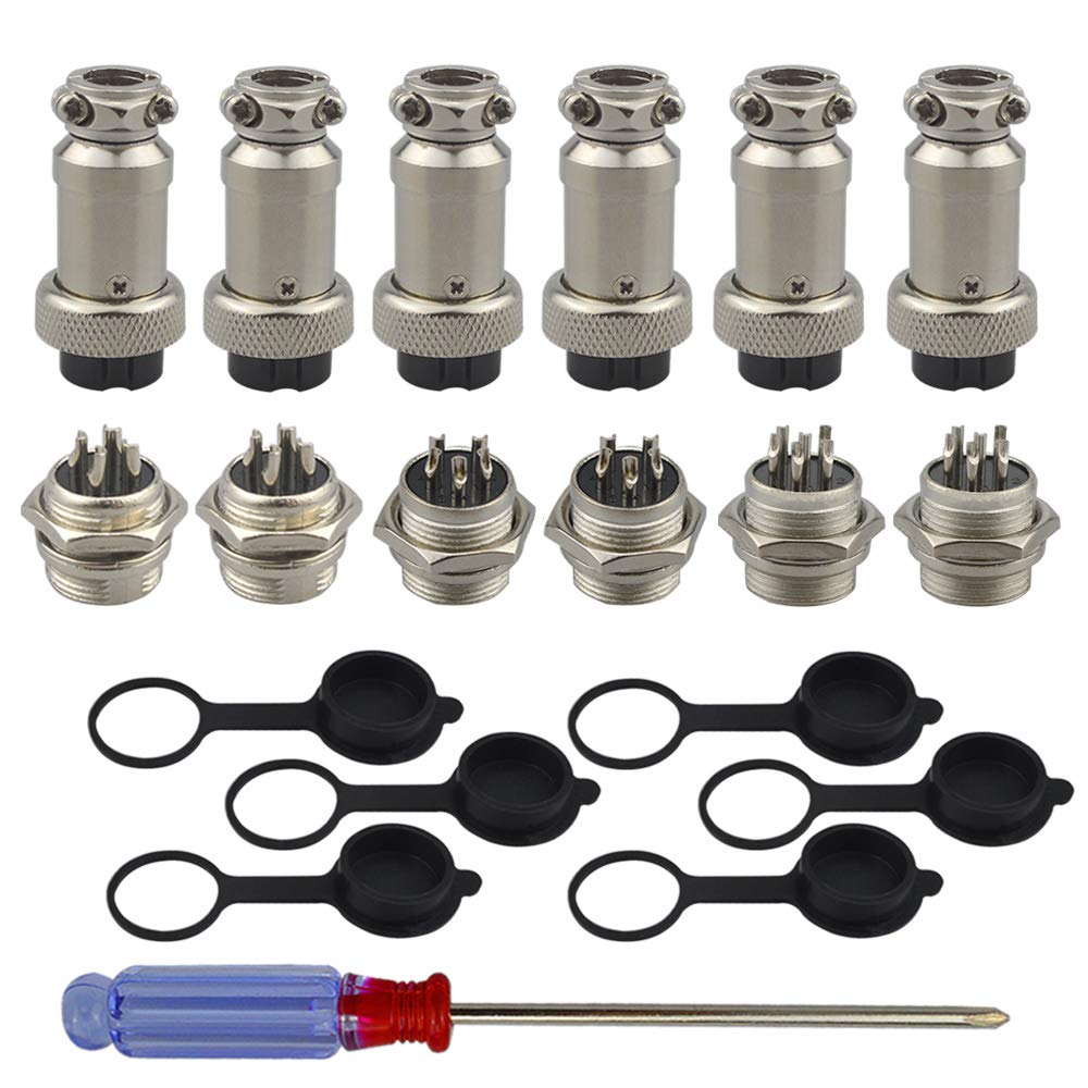 QitinDasen 6Pcs Premium 4 Pin/5 Pin/6 Pin GX16 Aviation Connector Set, 5A 16mm Thread Male Female Panel Metal Aviation Wire Connector Plug Socket, with Rubber Protector Cap and Phillips Screwdriver