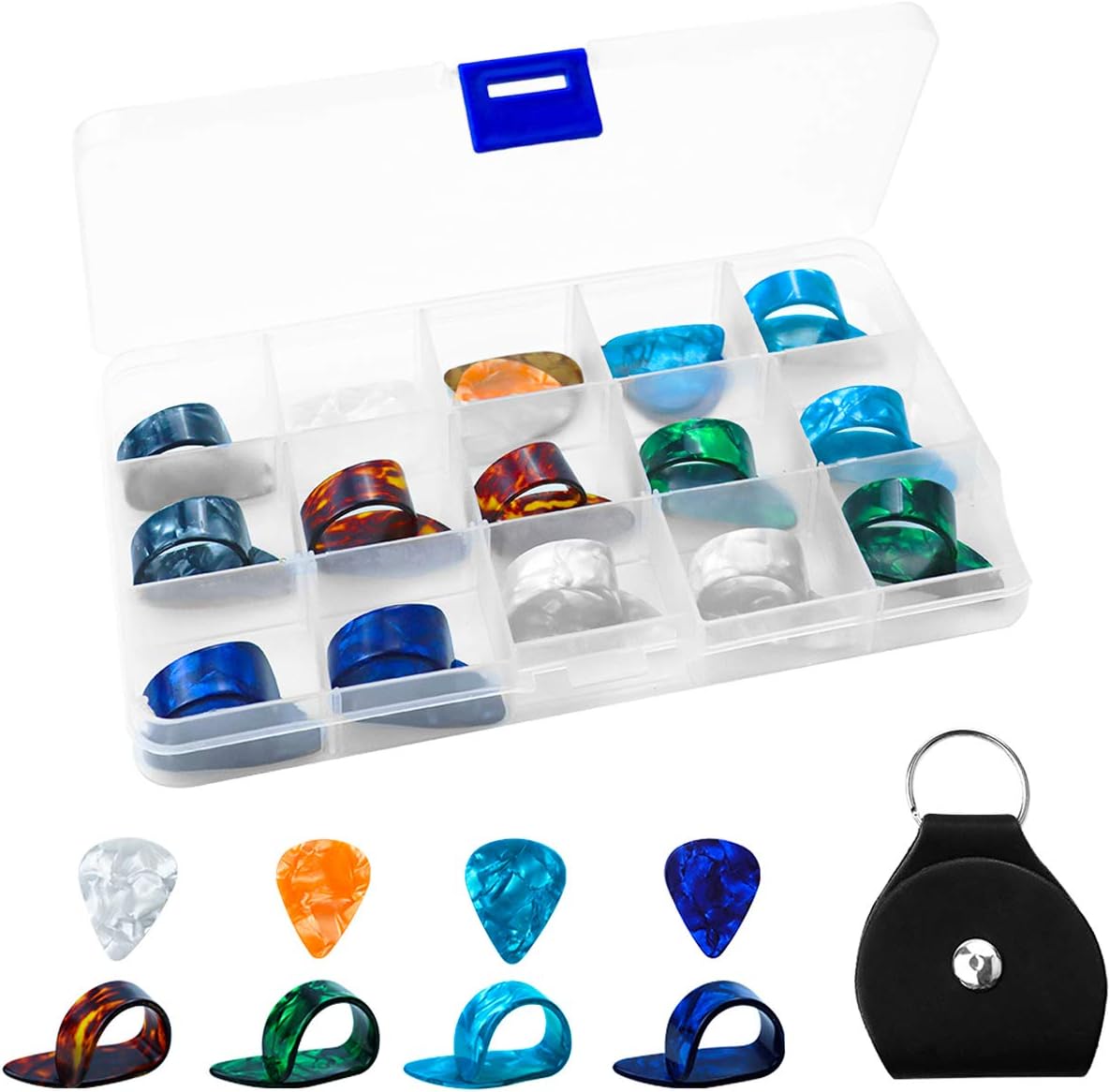 MotBach Guitar Accessories with 12 Pcs Plastic Thumb Finger Picks (6 Colors),6 Pcs Guitar Picks(0.46/0.71/0.96mm),15 Grid Case Storage Box and 1 Guitar Pick Clip,Provide Wide Options and Protection
