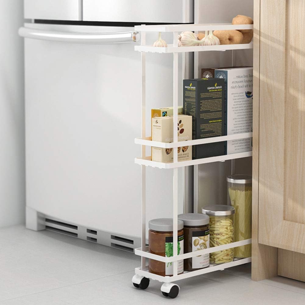 ELLENS 3-Tier Removable Storage Cart, Gap Kitchen Slim Slide Out Storage Rack with Wheels, Metal Spice Rack (White)