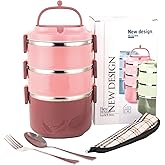 SANQIAHOME 3 Tier Stackable Stainless Steel Lunch Box Sealed(pink, 3 layers) with spoon and fork