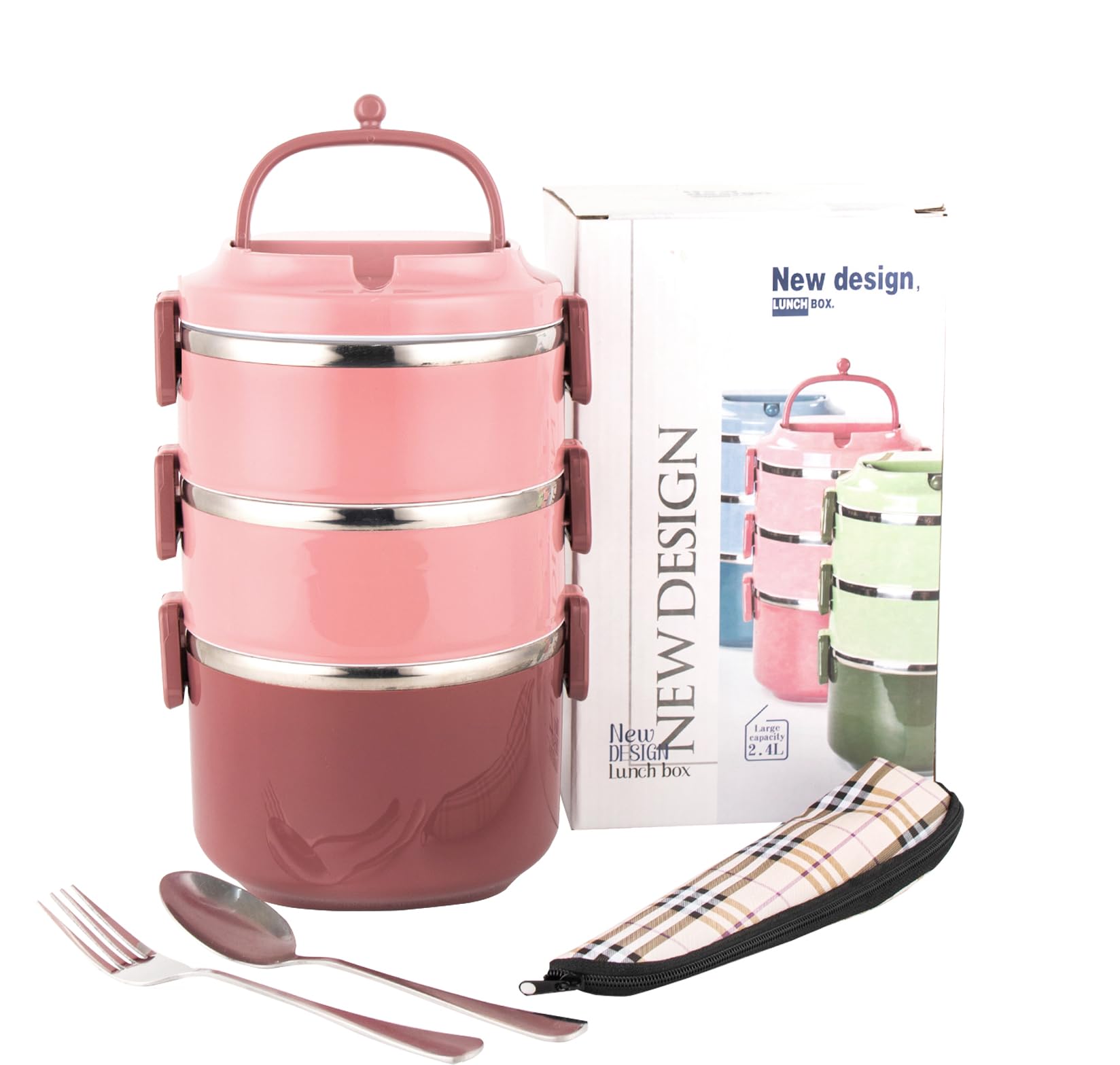 SANQIAHOME Stainless Steel Lunch Box, 2400ml Bento with Spoon Fork,Stackable 3 Layer, Compartments Leak Proof, for Adults Kids Students Office Microwave, Container Meal Prep Containe, Pink