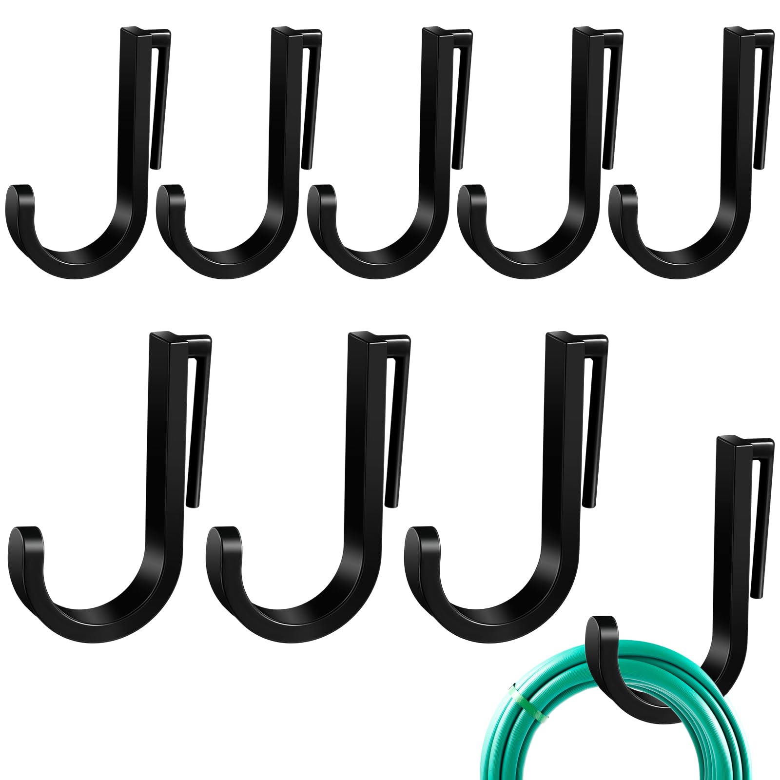 Photo 1 of Qiyaz 8 Pcs J Tool Hooks Plastic Multi Purpose Shed Organizer Accessories for Wall Black Shed Hanger Storage for Garage Hanging Shovel Rake Sports Equipment