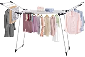 YUBELLES Clothes Drying Rack, Gullwing Laundry Rack, Collapsible, Space-Saving Laundry Rack, with Sock Clips, for Clothes, Towels, Linens, Indoor/Outdoor