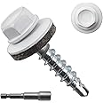 JEGONFRI 300pcs #10 x 1 White Hex Head Self-Drilling Metal Roofing Screws, EPDM Washer, Colored Head, Wood Screws, Sheet Metal Roof Screw with Hex Driver Bit