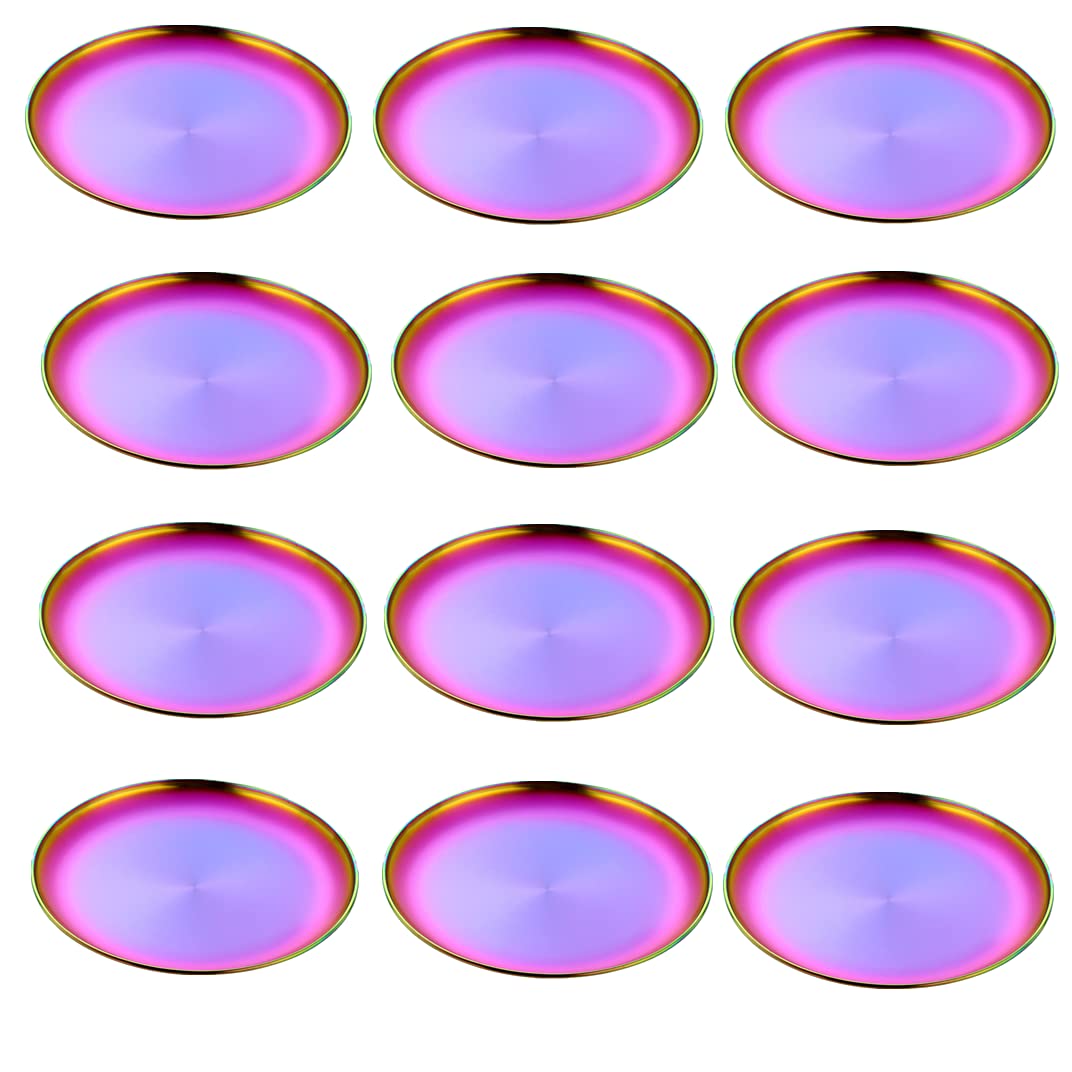 SUNSENGEUR Stainless Steel Dinner Plates Round Pizza Baking Pan Sets, Reusable Brushed Metal Dinner Plates Vintage Quality 11.8 Inches,Pack of 12,Use for BBQ Steak-Rainbow Color