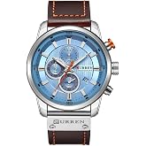 CURREN Men Leather Strap Military Watches Men's Chronograph Waterproof Sport Wrist Date Quartz Wristwatch Gifts (Silver Blue)