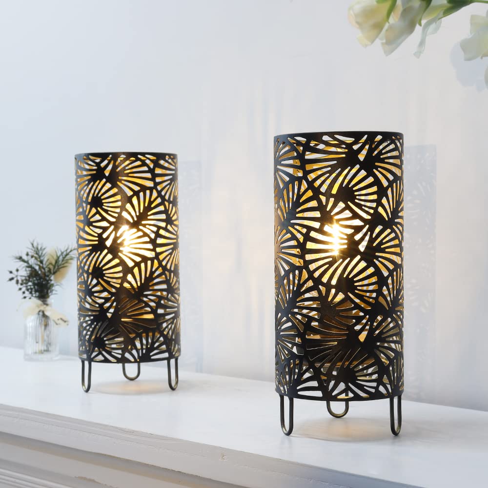 JHY DESIGN Set of 2 Metal Lamp Battery Powered 23.5cm High Accent Cordless Light with LED Bulb Huge Fan Patterned Lantern for Weddings Parties Patio Garden Indoors Outdoors Table Bed Room