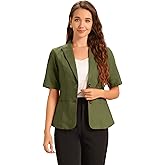 Allegra K Blazer for Women's Short Sleeve Button Front Cotton Linen Lapel Collar Work Office Casual Blazer Coat