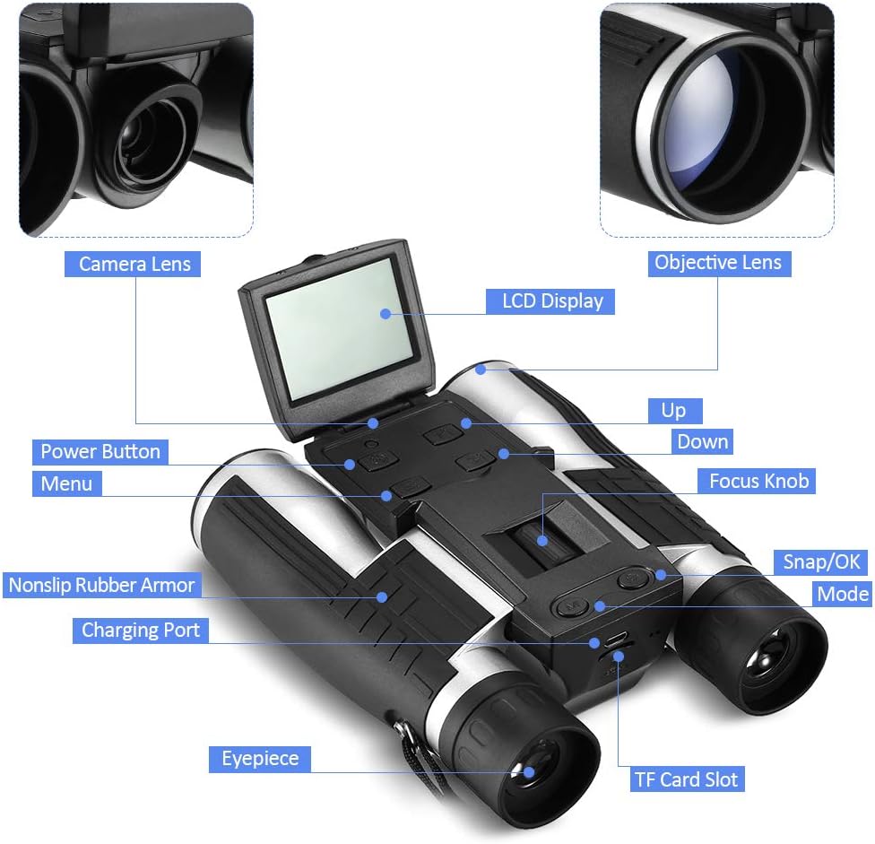 Digital Camera Binoculars, Eoncore 2” LCD Display Binoculars for Adults 12x32 5MP Video Photo Recorder for Bird Watching Hunting Sports Games 16GB TF Card : Camera & Photo