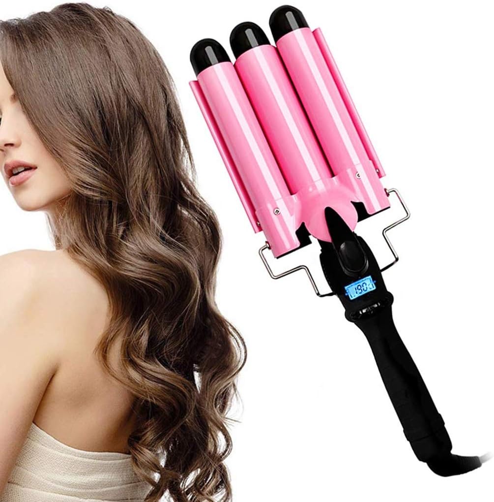 LLCOFFGA Hair Curling Iron Wand Professional Hair Curler Tongs LCD Display Adjustable Temperature 3 Barrel Wave Crimping Bubble Styling Tool for Wavy Curls,25mm