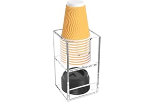 Rulyyo Coffee Condiment and Cup Organizer - 2-Tier Upright Cup and Lid Holder with Straw Organizer 2 Compartments Clear Acrylic Cup Dispenser for Restaurant Breakroom Coffee Station Countertop