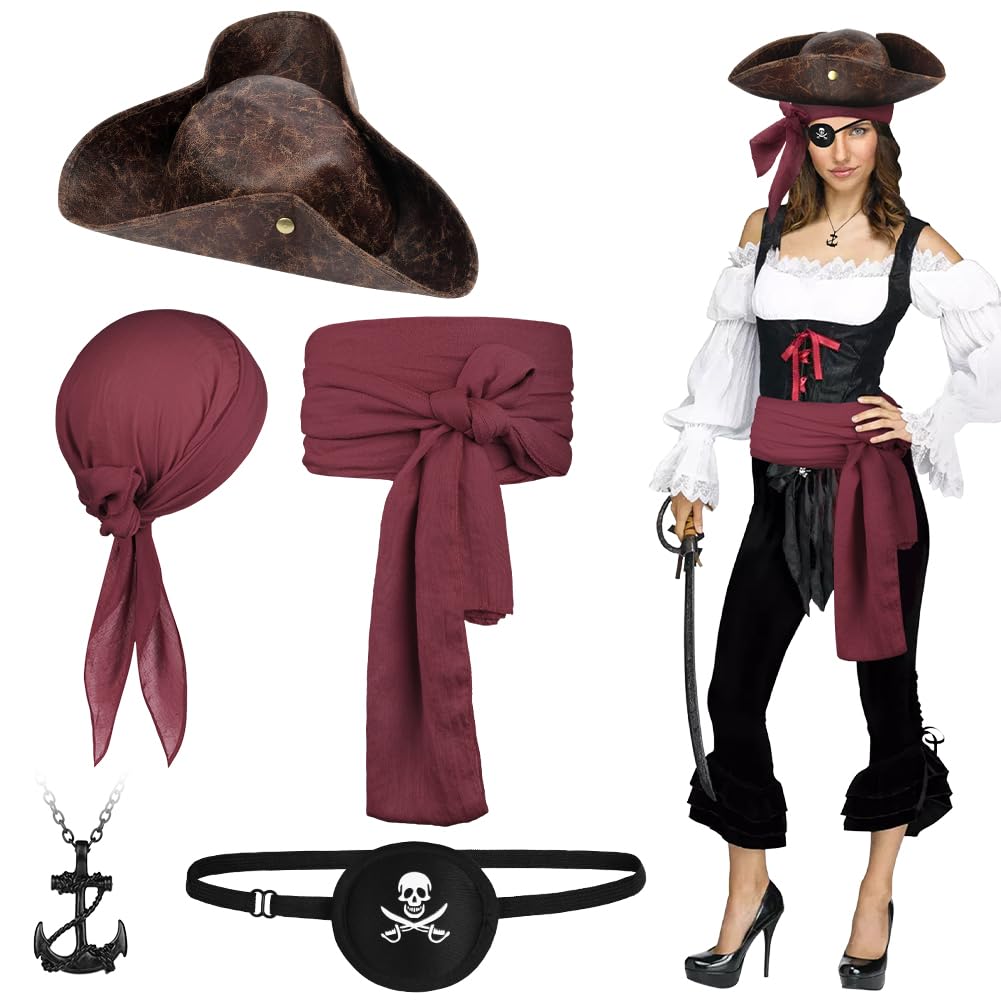 Alaoo 5 Pcs Pirate Costume Accessories Set, Captain Accessories with Tricorn Hat Bandana Sash Belt Eye Patch Anchor Pendant, Medieval Renaissance Pirate Costume for Halloween Party, Wine Red โ image 1