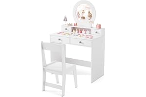 Costzon Kids Vanity, Princess Makeup Dressing Desk with Mirror and Stool, 4 Storage Drawers, Pretend Play Vanity Table and Chair Set for Little Girls (White)
