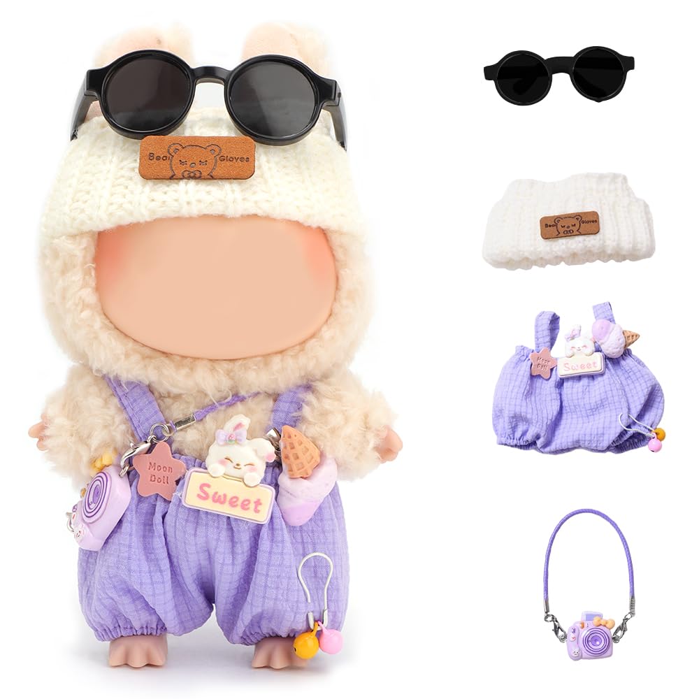 Doll Outfits for 17cm Plush Pendant Blind Box Figures,Hat and Overalls Set for Blind Box Doll,come with Glasses,Blind Box Figures Clothes Decoration Accessories (Purple)