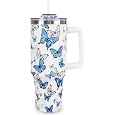 Mhrevyi Butterfly 40 Oz Tumbler With Handle and Straw - Blue Cup Water Bottle Drinking Glass, Gift for Women Girls Birthday Lovers, Accessories Stuff