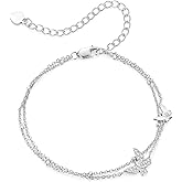 BABAMIA Silver Plated Love Heart Butterfly Bracelets For Women 14K Gold Plated Double Layers Valentines Gift Charms Bracelet Hypoallergenic Jewelry