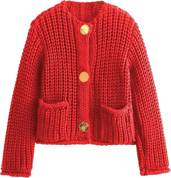 Arssm Womens Cropped Cardigan Sweaters Chunky Open Front Button