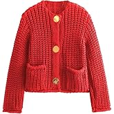 Arssm Womens Cropped Cardigan Sweaters Chunky Open Front Button Down Knit Sweater Long Sleeve Loose Cardigan Outerwear(Red-L1)